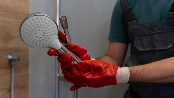 Front view of a man in work gloves holding and fixing a showerhead and tube