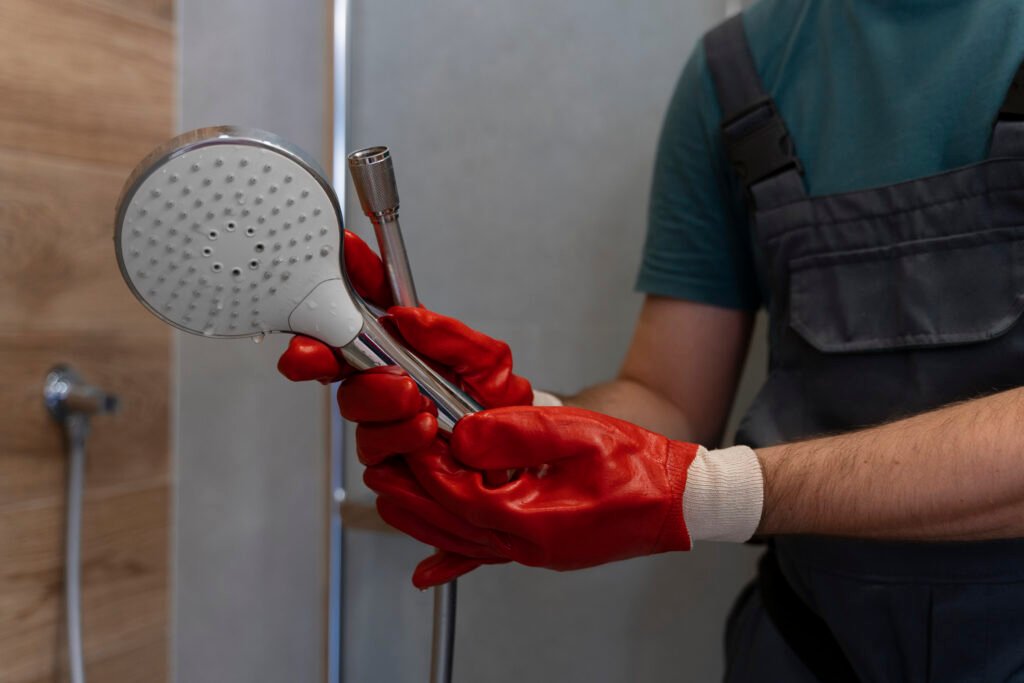 Front view of a man in work gloves holding and fixing a showerhead and tube