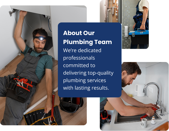Collage of three plumbers with a service text box promoting their expertise