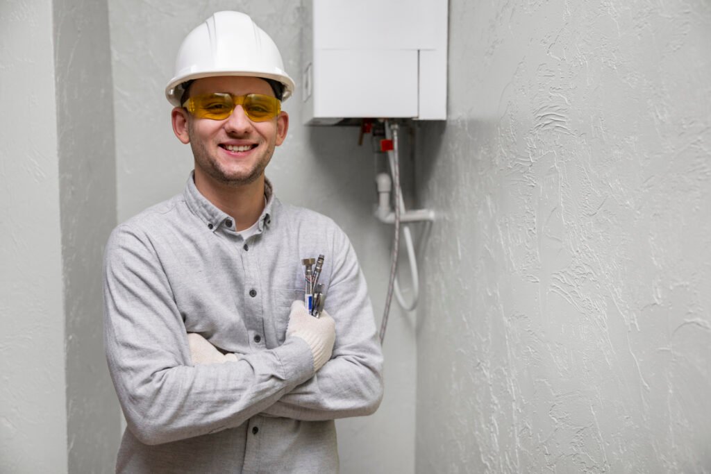 Worker repairing a water heater with tools.